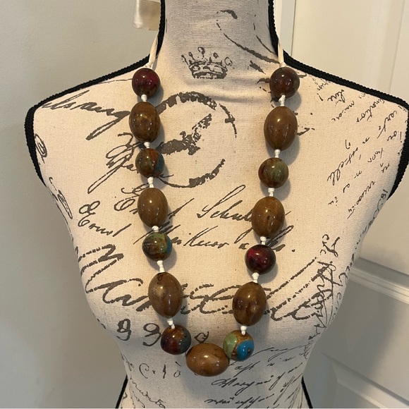 VTG Porcelain Ceramic Artist Glazed Beads Hand knotted Silk Statement Necklace - Picture 3 of 7